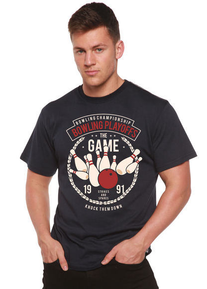 Bowling Playoffs men's bamboo viscose organic cotton sleeve graphic tee navy by Spun Bamboo on Tampa Home & Garden Store