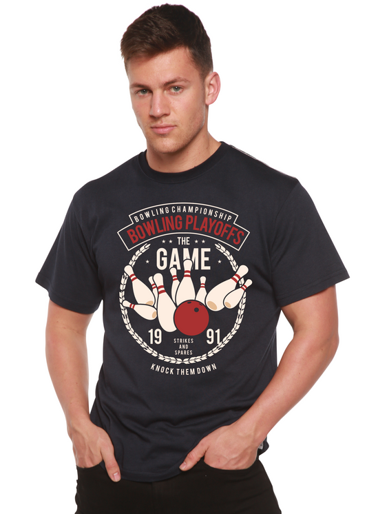 Bowling Playoffs men's bamboo viscose organic cotton sleeve graphic tee navy by Spun Bamboo on Tampa Home & Garden Store