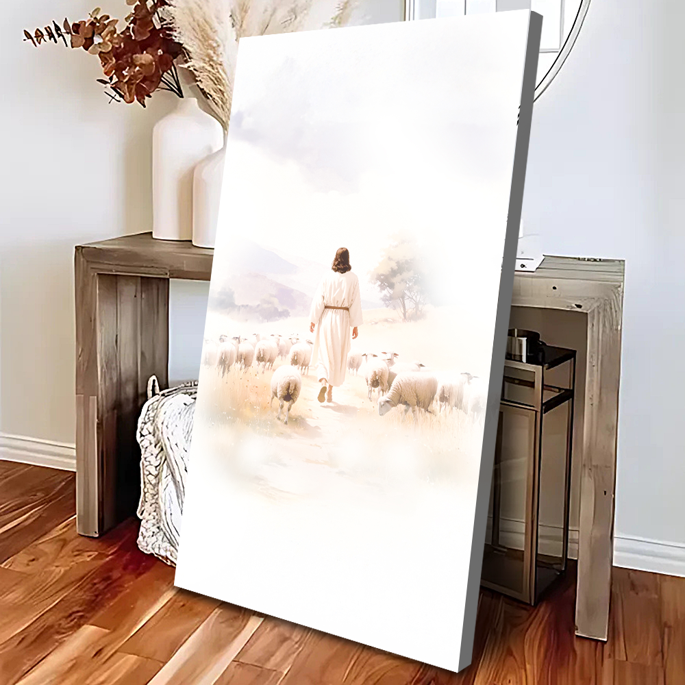Canvas art 99 Faith Wall Art VII by Tailored Canvases, woman in white guiding a flock of sheep on Tampa Home & Garden Store