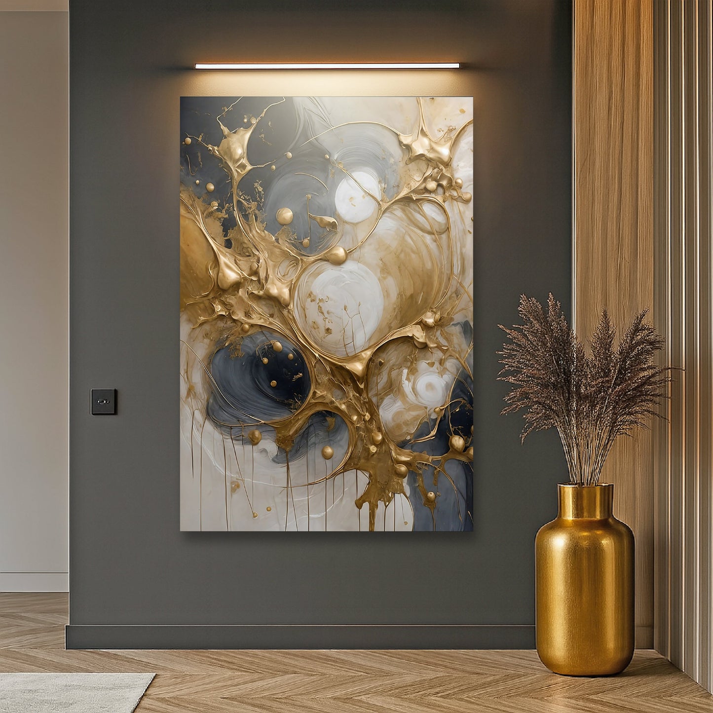 Black and Gold Splash Wall Art canvas by Tailored Canvases in gray-blue with gold swirls on Tampa Home & Garden Store