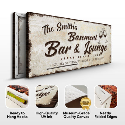 Personalized Basement Bar Sign canvas with distressed beige background and brown script on Tampa Home & Garden Store