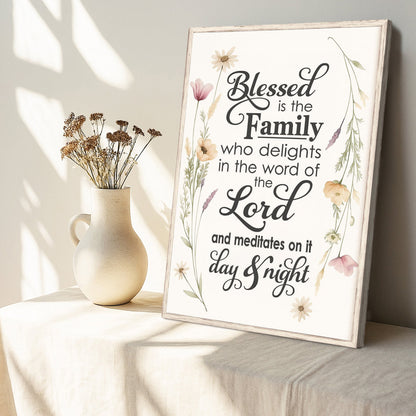 Blessed Is The Family faith sign canvas with botanical border Tailored Canvases on Tampa Home & Garden Store