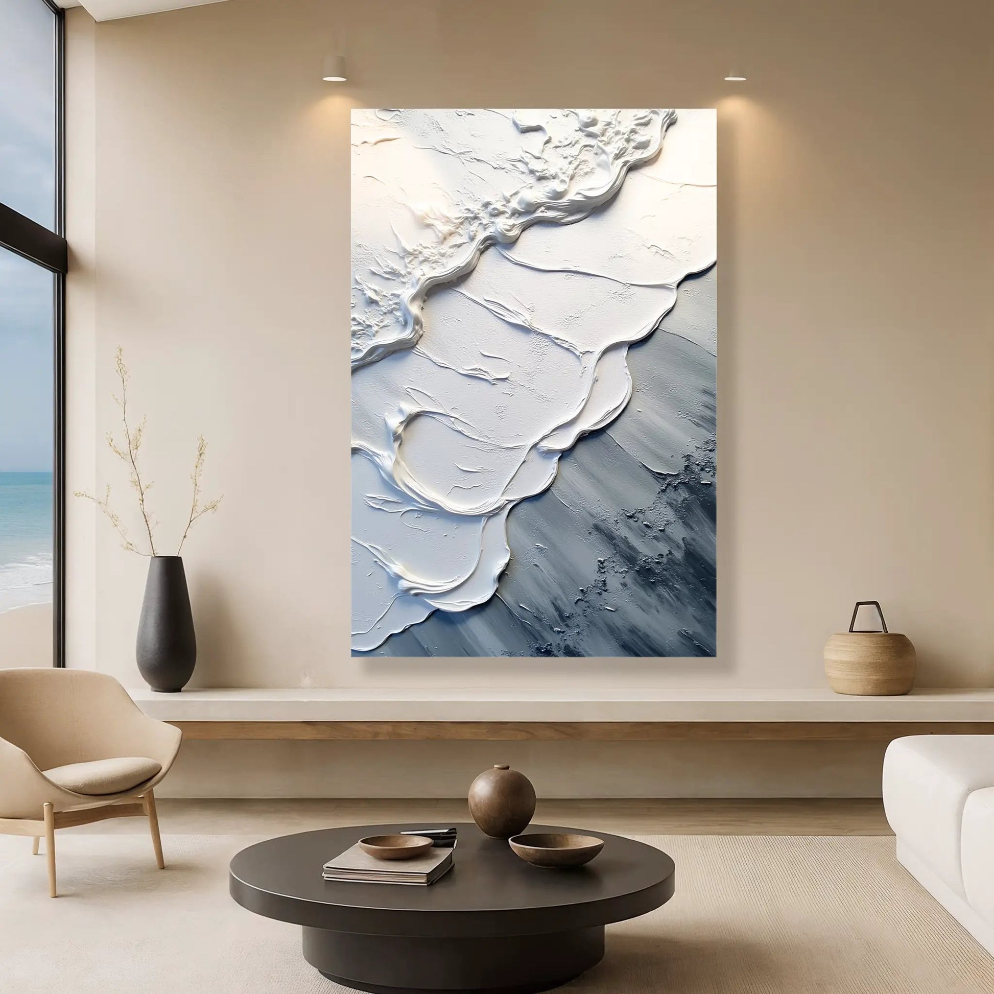 Abstract Minimalist Wave Wall Art II canvas; white-gray textured waves on beige wall on Tampa Home & Garden Store