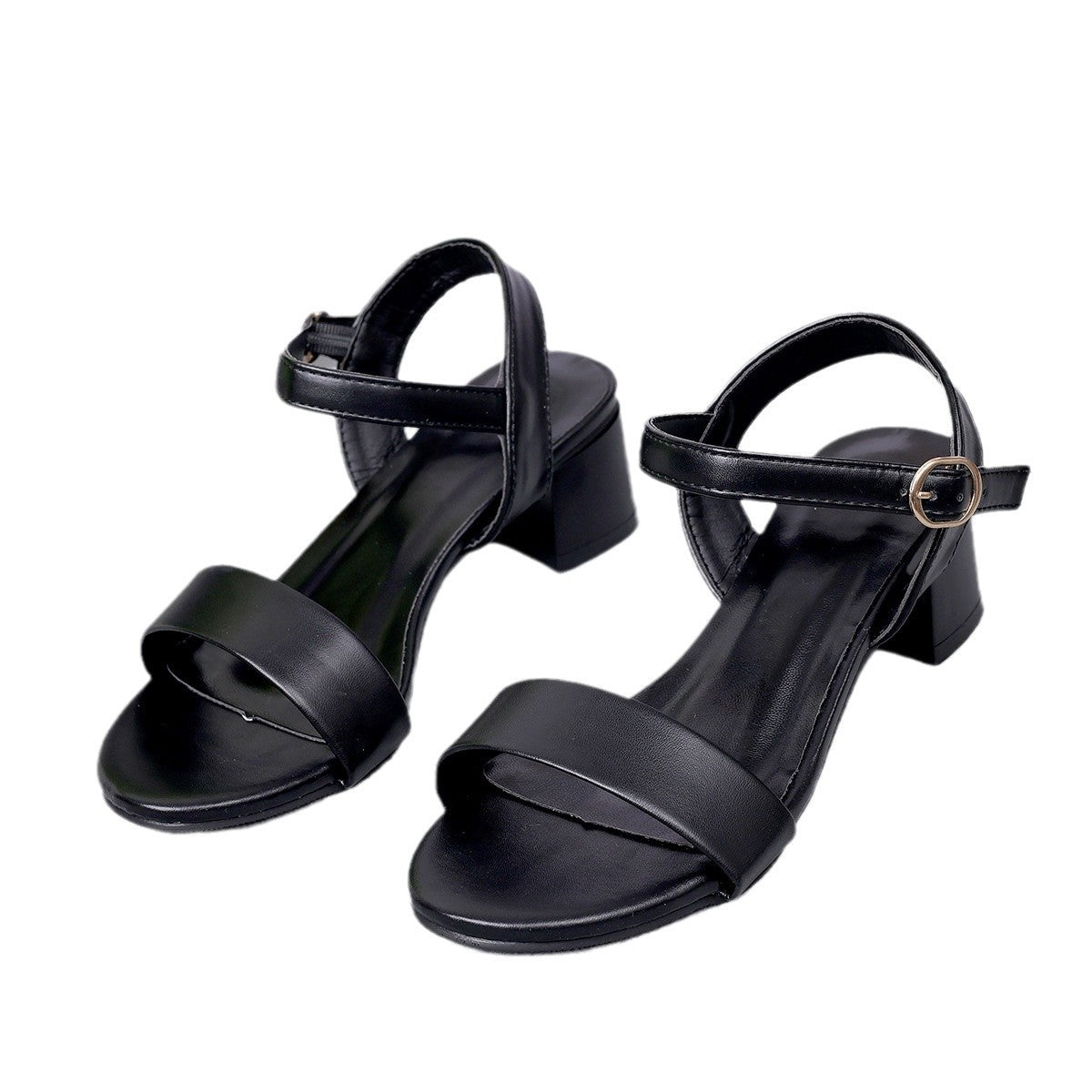 Women genuine leather sandals with open toe, ankle strap buckle, black low block heel on Tampa Home & Garden Store