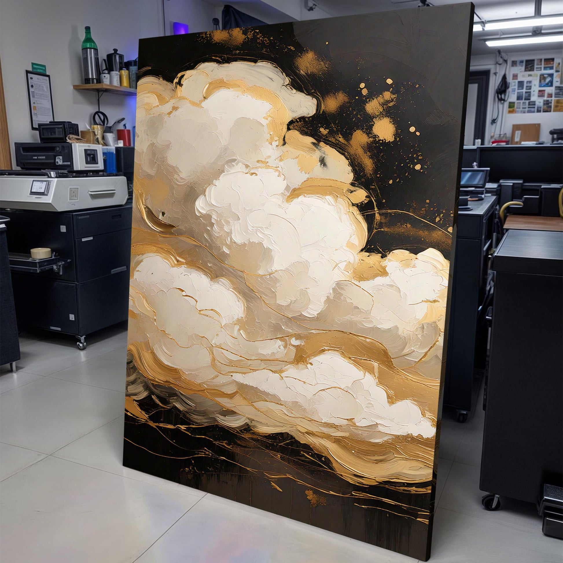 Auric Cloud Abstract Wall Art canvas by Tailored Canvases with gold ivory swirls on black on Tampa Home & Garden Store