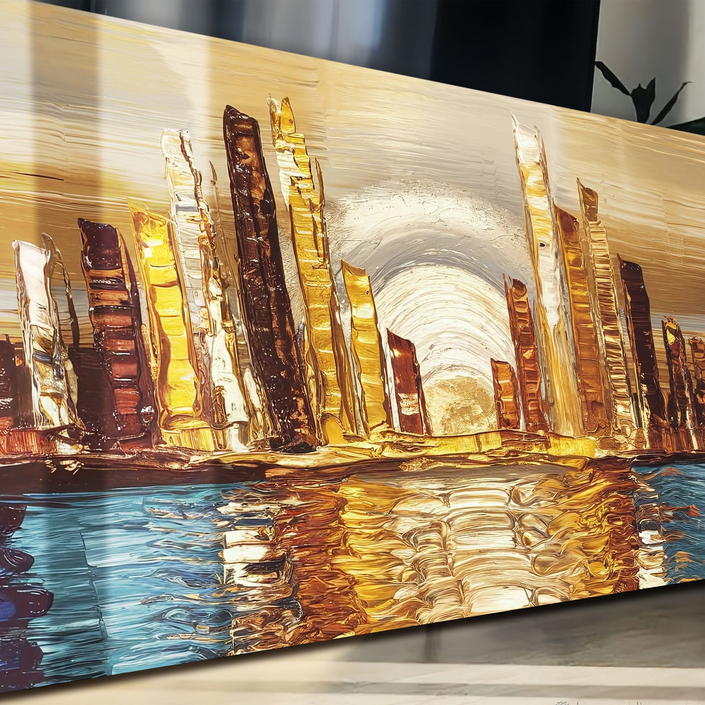 Golden Metropolis abstract impasto canvas wall art with gold foil shards on a blue base on Tampa Home & Garden Store