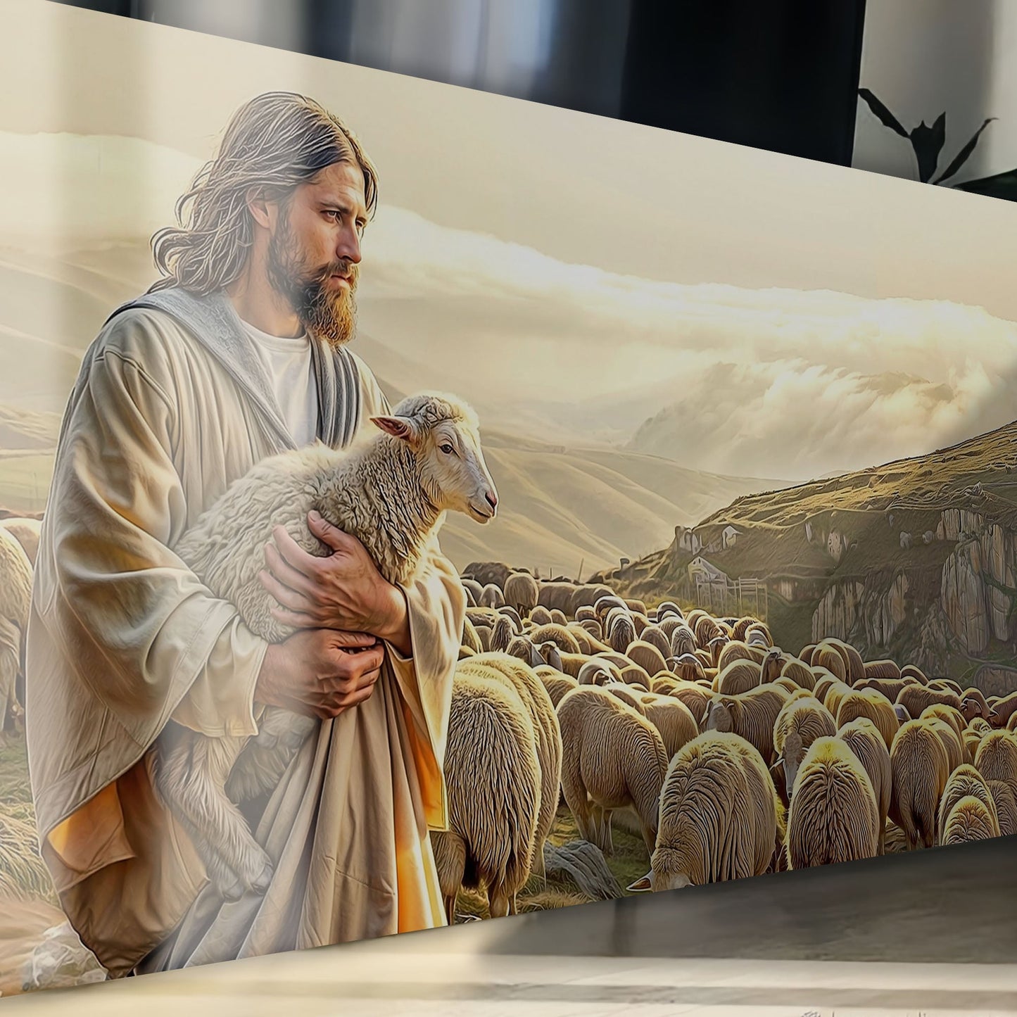 99 Faith Wall Art VIII canvas featuring a bearded man in robes with a lamb among a hillside flock on Tampa Home & Garden Store