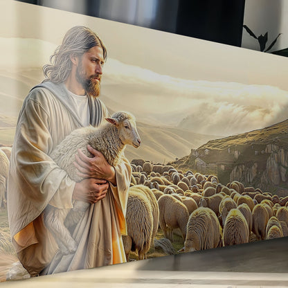 99 Faith Wall Art VIII canvas featuring a bearded man in robes with a lamb among a hillside flock on Tampa Home & Garden Store