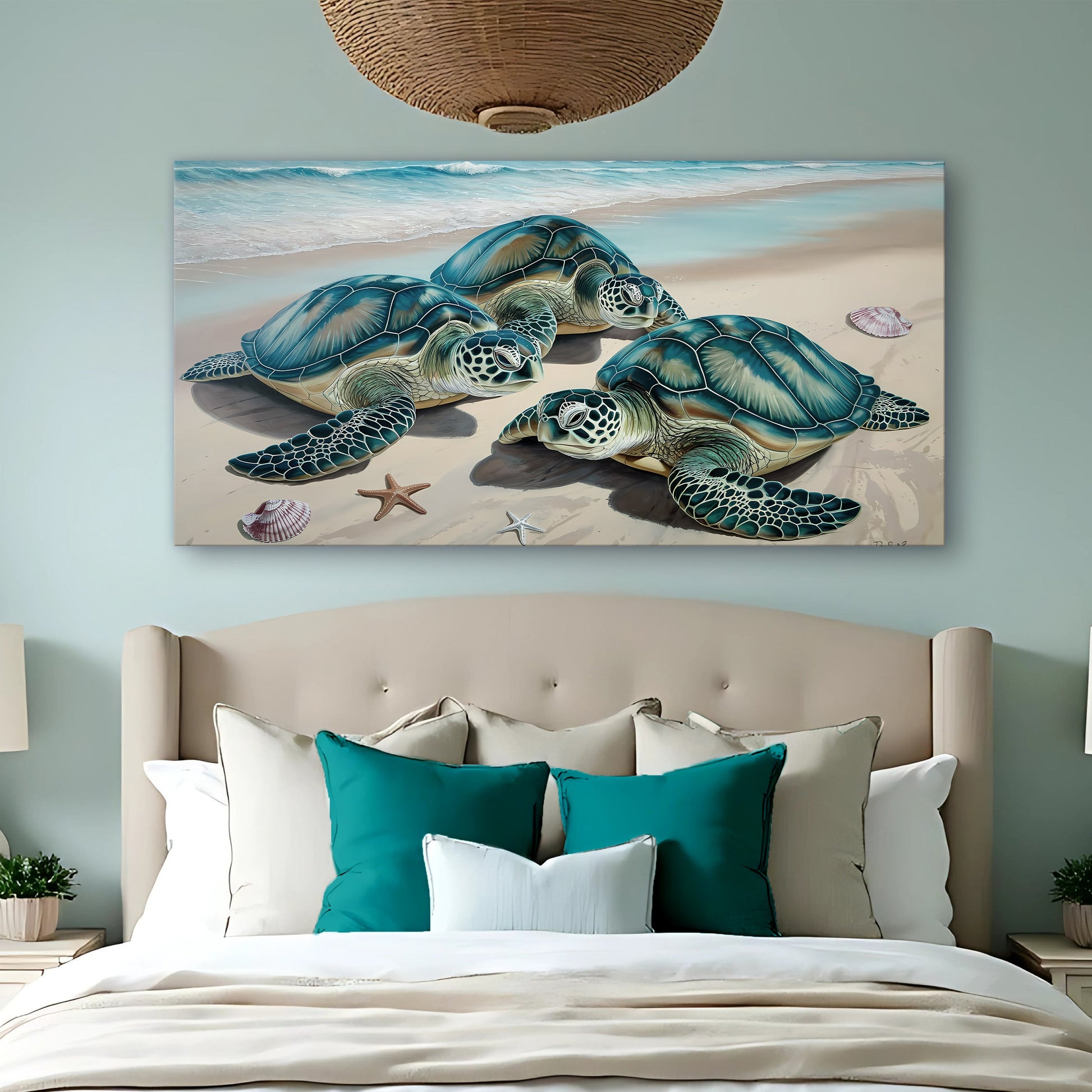 3D Coastal Wall Art III canvas depicting three teal sea turtles on a sandy beach with surf on Tampa Home & Garden Store