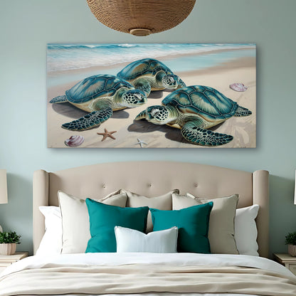 3D Coastal Wall Art III canvas depicting three teal sea turtles on a sandy beach with surf on Tampa Home & Garden Store