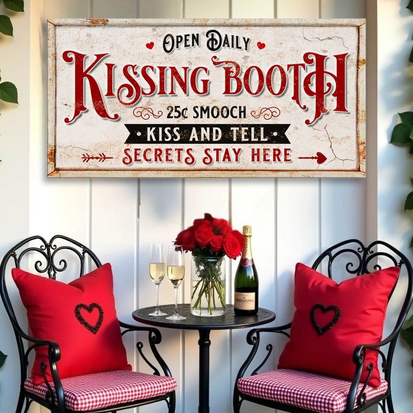 Vintage Rustic Kissing Booth Sign IV canvas by Tailored Canvases; white with red typography on Tampa Home & Garden Store