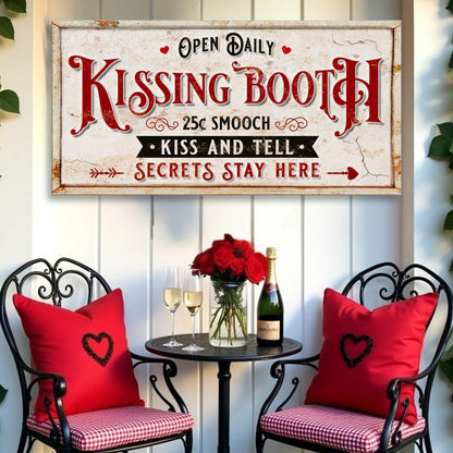 Vintage Rustic Kissing Booth Sign IV canvas by Tailored Canvases; white with red typography on Tampa Home & Garden Store