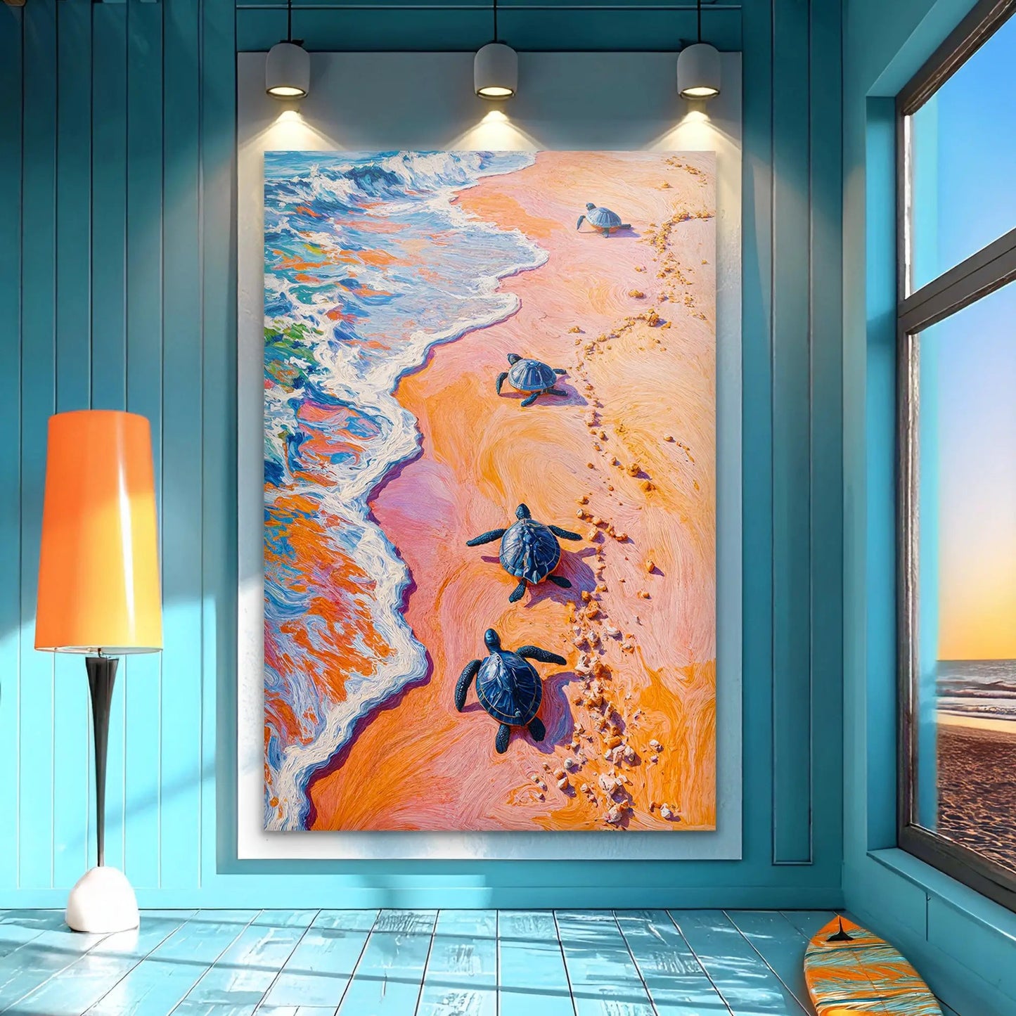 Turtles' Journey To The Sea canvas wall art Tailored Canvases, beach scene with sea turtles on Tampa Home & Garden Store