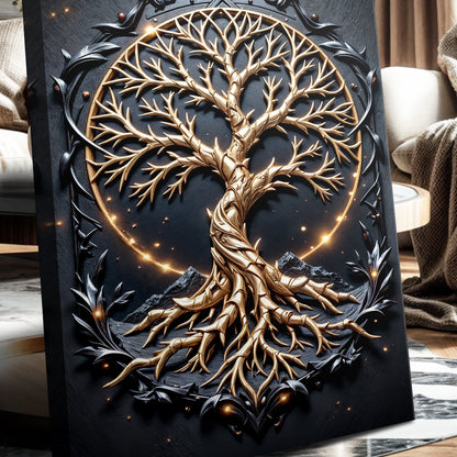 3D Celtic Tree of Life Wall Art II canvas by Tailored Canvases, gold tree on dark circular frame on Tampa Home & Garden Store