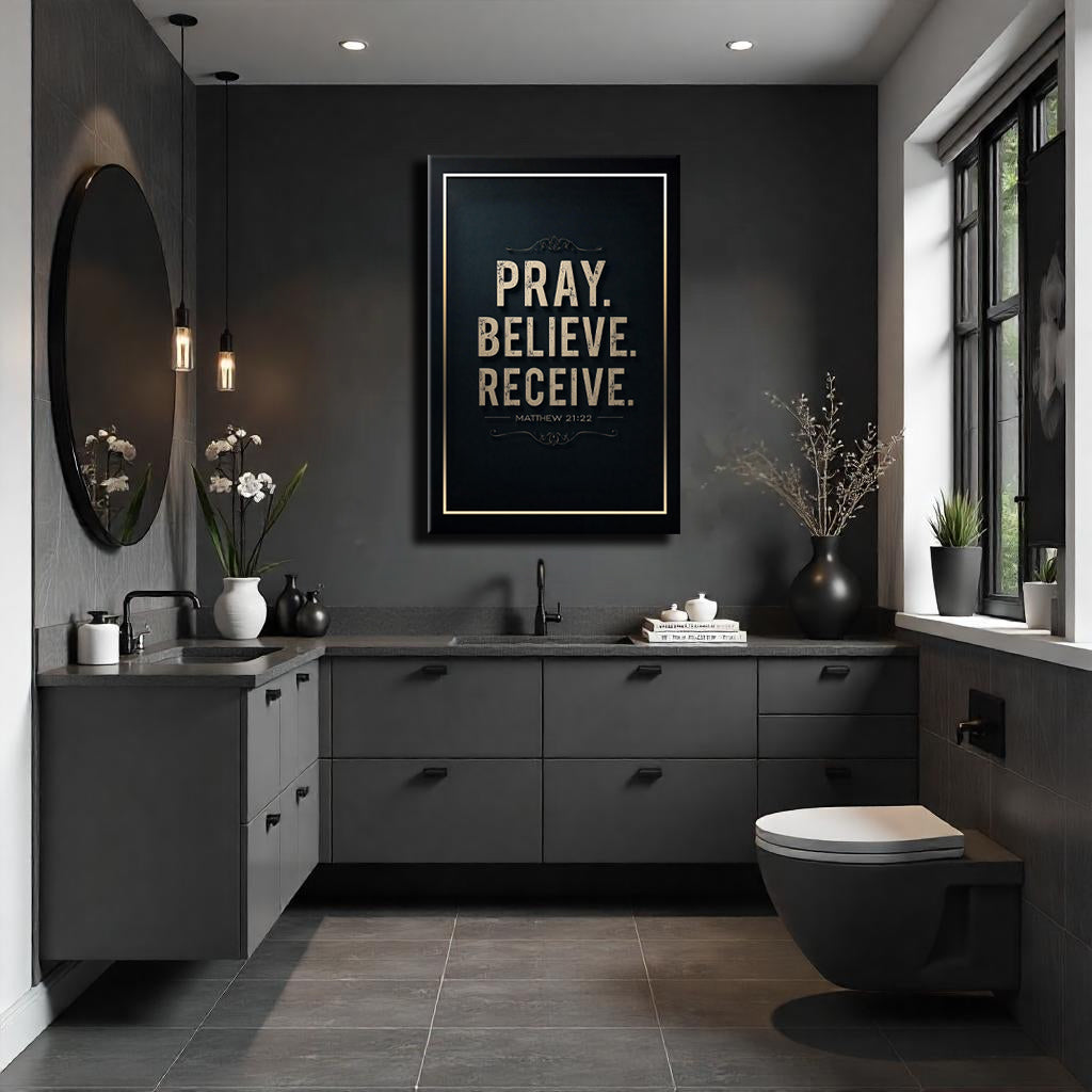 Matthew 21:22 Pray Believe Receive Faith Sign III canvas art with black frame with gold trim on Tampa Home & Garden Store