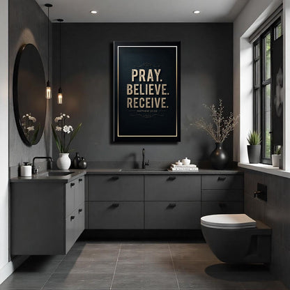 Matthew 21:22 Pray Believe Receive Faith Sign III canvas art with black frame with gold trim on Tampa Home & Garden Store