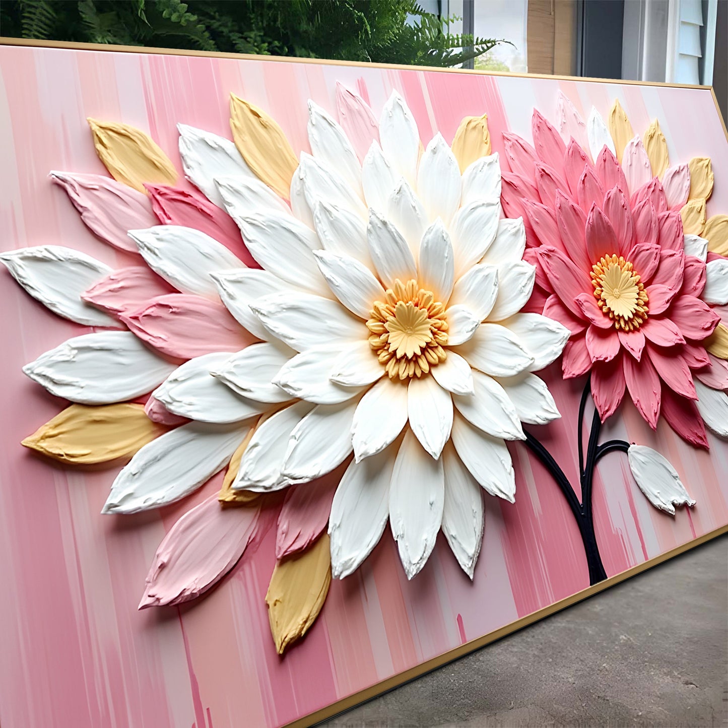 Blushing Blooms Pink Wall Art Canvas with white and pink petals on pink gradient background on Tampa Home & Garden Store