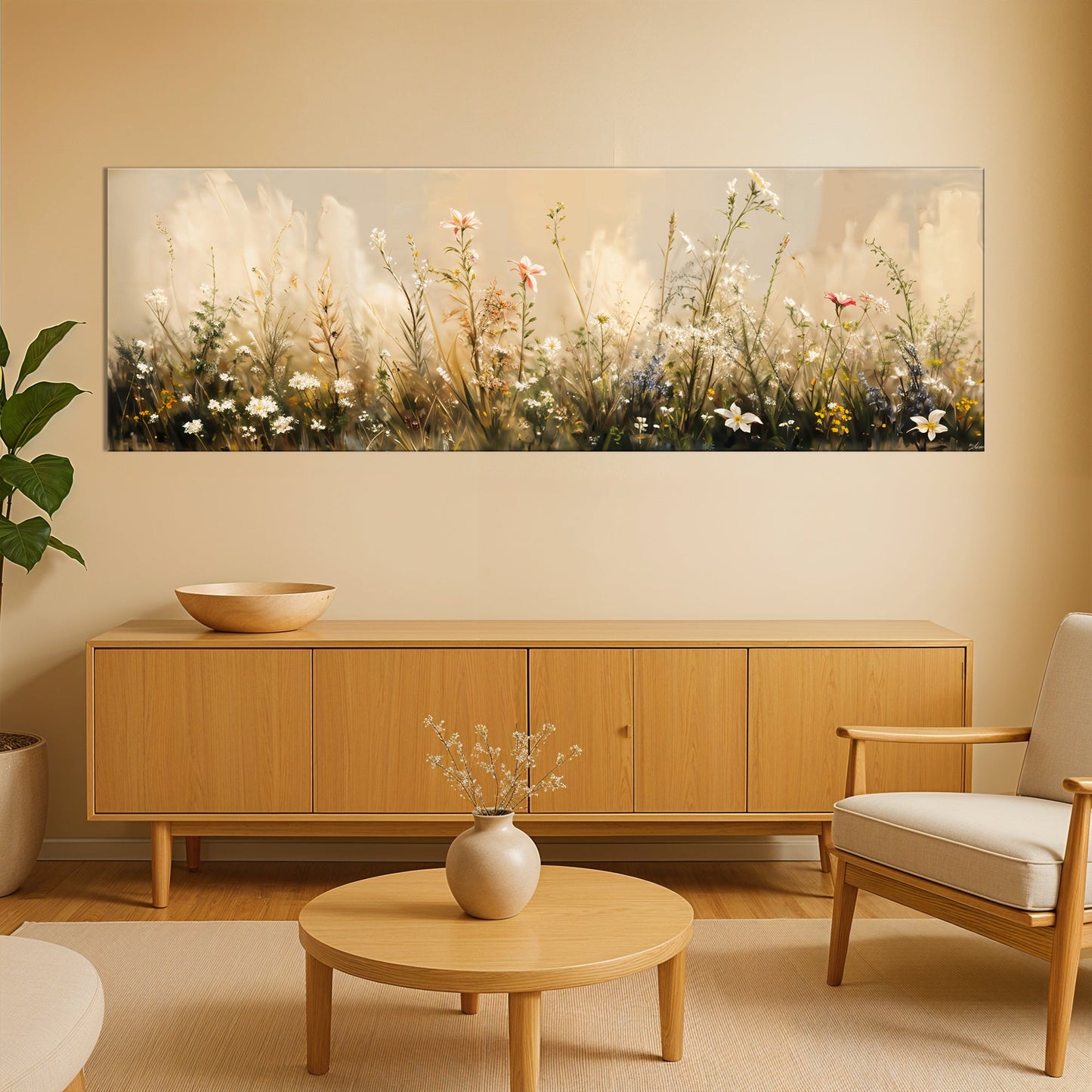 Flower Field Wall Art Canvas by Tailored Canvases with wall and wildflower bouquet scene on Tampa Home & Garden Store