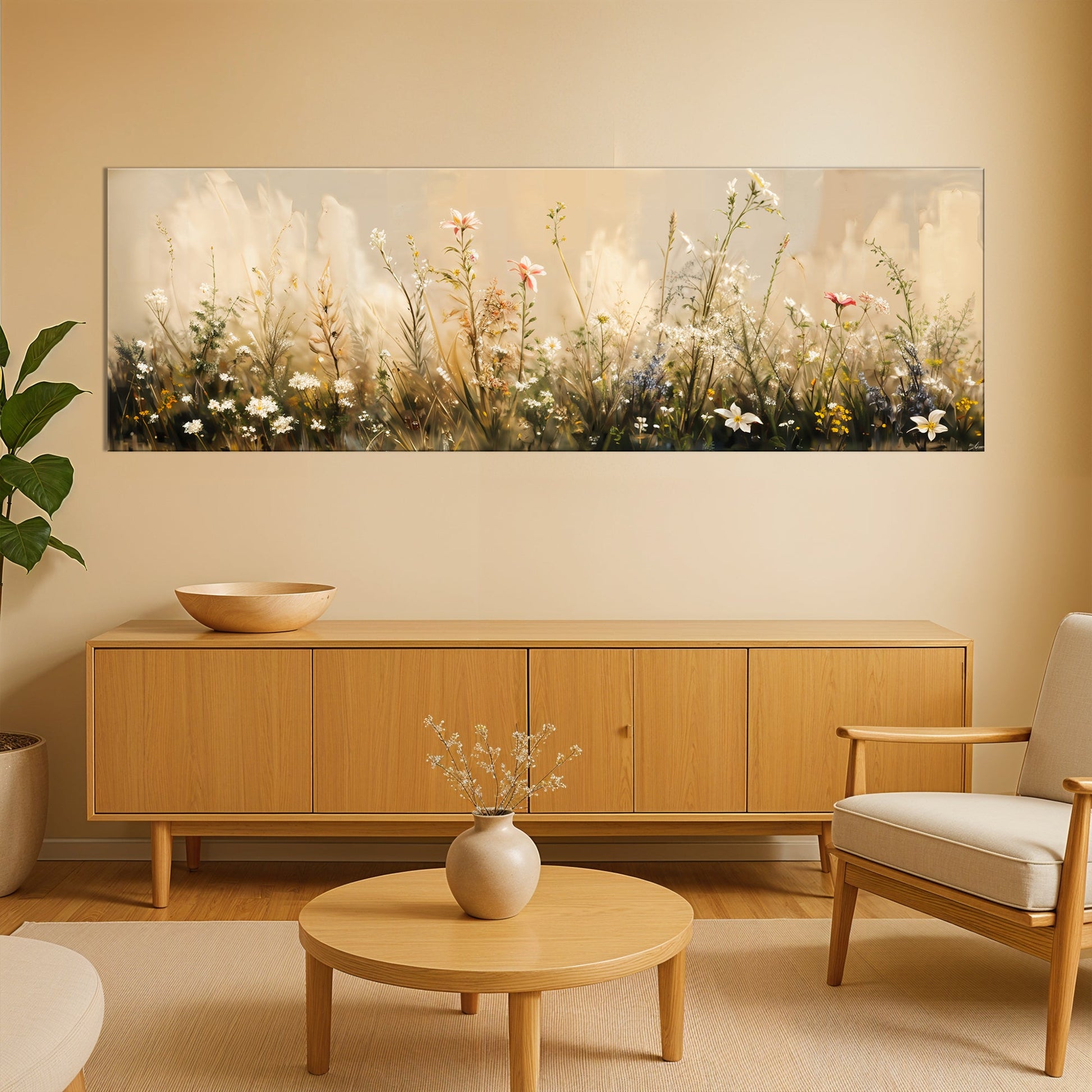 Flower Field Wall Art Canvas by Tailored Canvases with wall and wildflower bouquet scene on Tampa Home & Garden Store