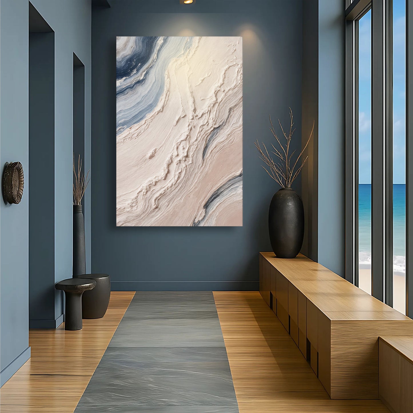 Minimalist Waves Wall Art III canvas with blue and white marble texture by Tailored Canvases on Tampa Home & Garden Store