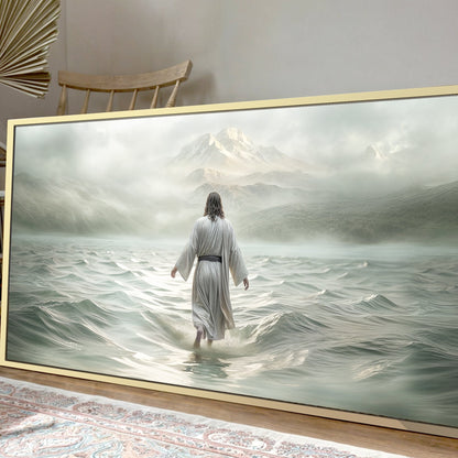 Walking on Water Faith Wall Art VIII canvas by Tailored Canvases robed figure on misty sea on Tampa Home & Garden Store