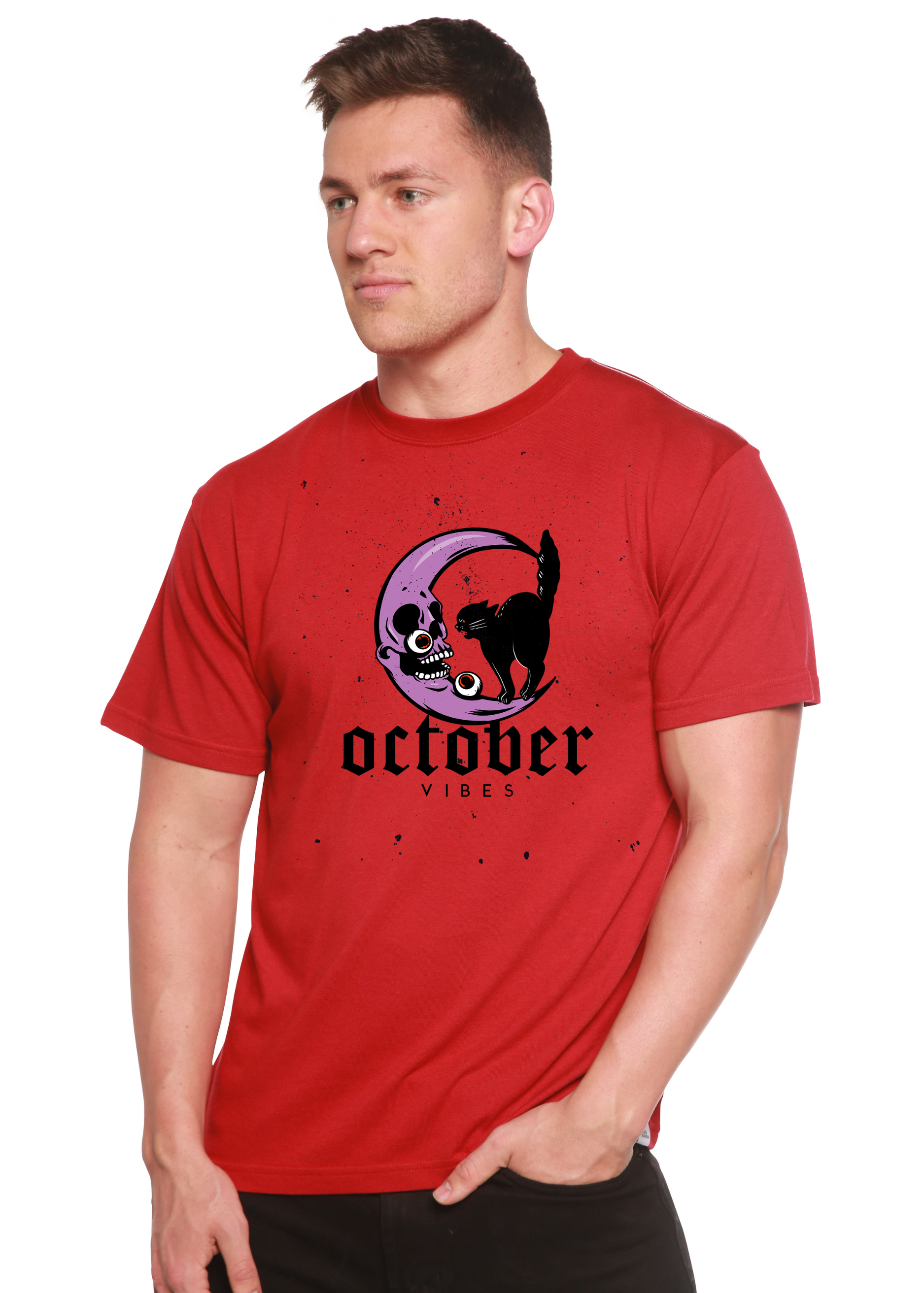 Spun Bamboo October Vibes men's red bamboo graphic tee with purple moon and black cat print on Tampa Home & Garden Store