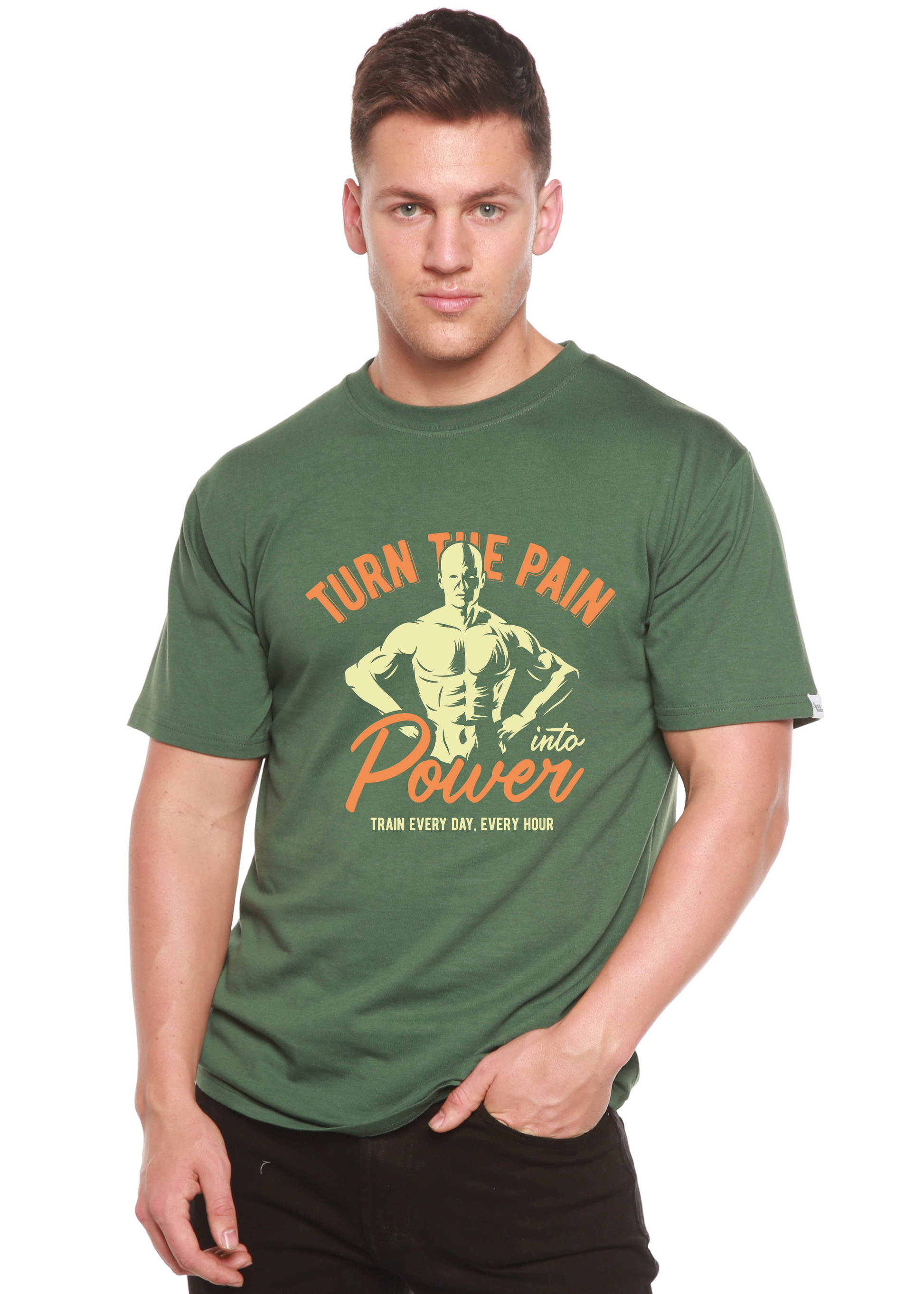Turn The Pain Men's Bamboo Tee green with orange graphic by Spun Bamboo on Tampa Home & Garden Store