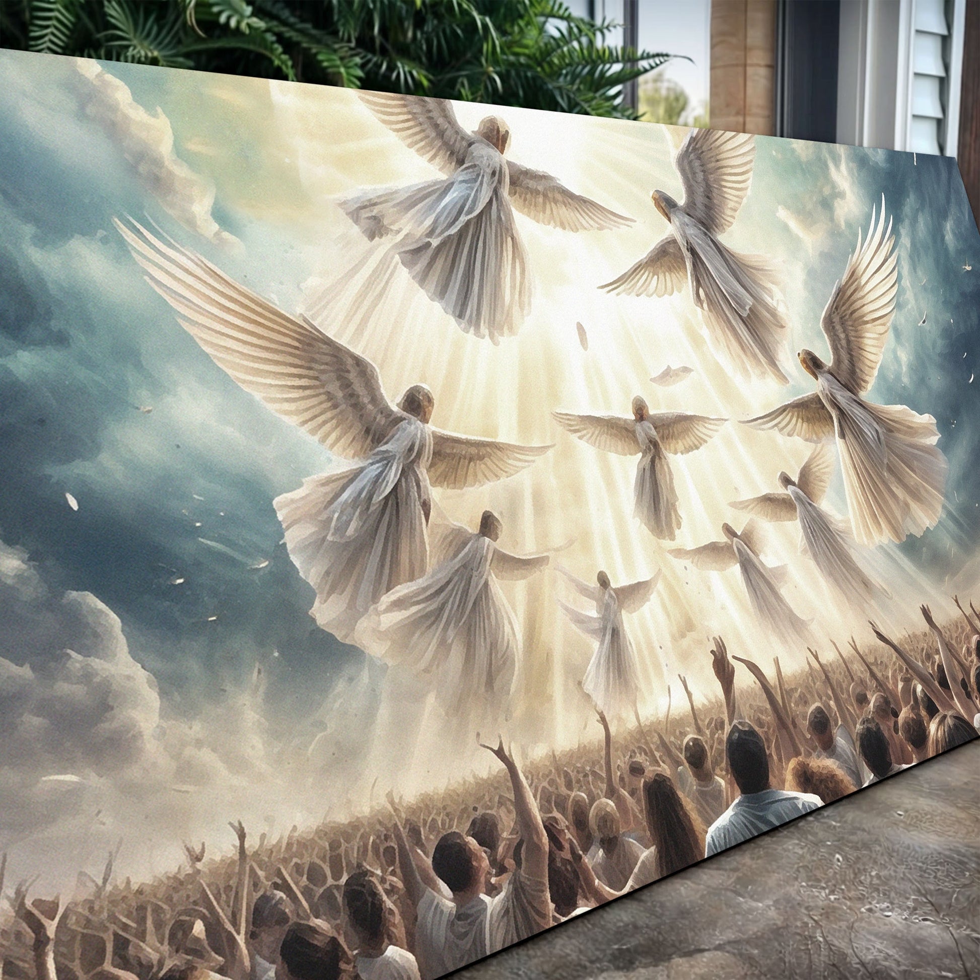 Praise - Faith Wall Art canvas featuring white doves in flight over a cheering crowd on Tampa Home & Garden Store