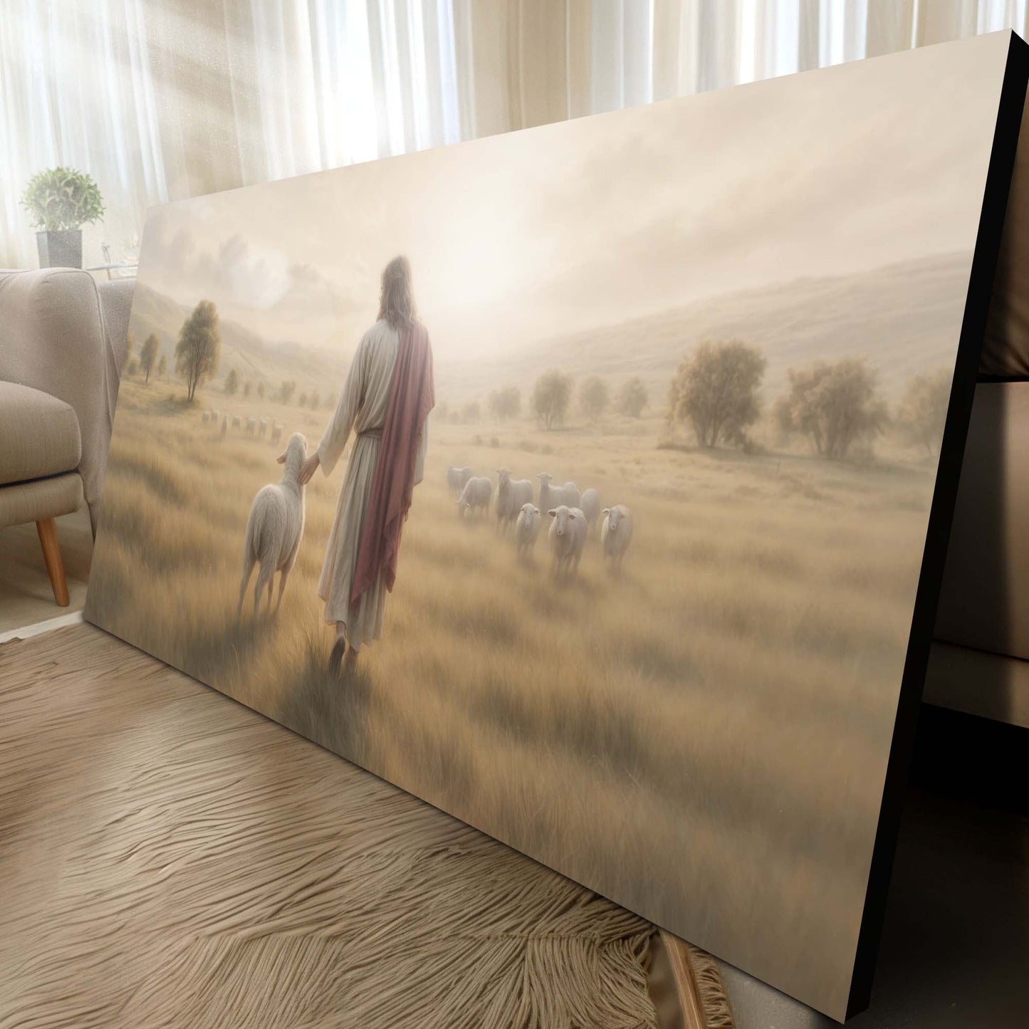 99 Faith Wall Art II canvas depicting a shepherd guiding sheep in a golden field on Tampa Home & Garden Store
