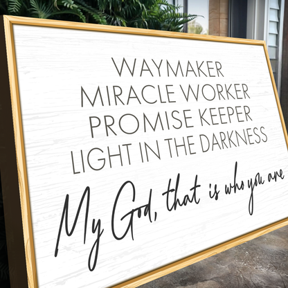 Canvas sign My God Way Maker Miracle Worker Faith Sign II by Tailored Canvases on white distressed canvas with a gold frame on Tampa Home & Garden Store