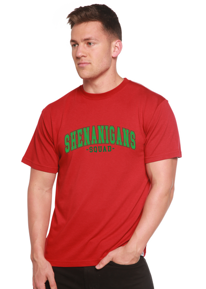 Shenanigans Squad unisex bamboo/cotton graphic tee red with green outlined text by Spun Bamboo on Tampa Home & Garden Store