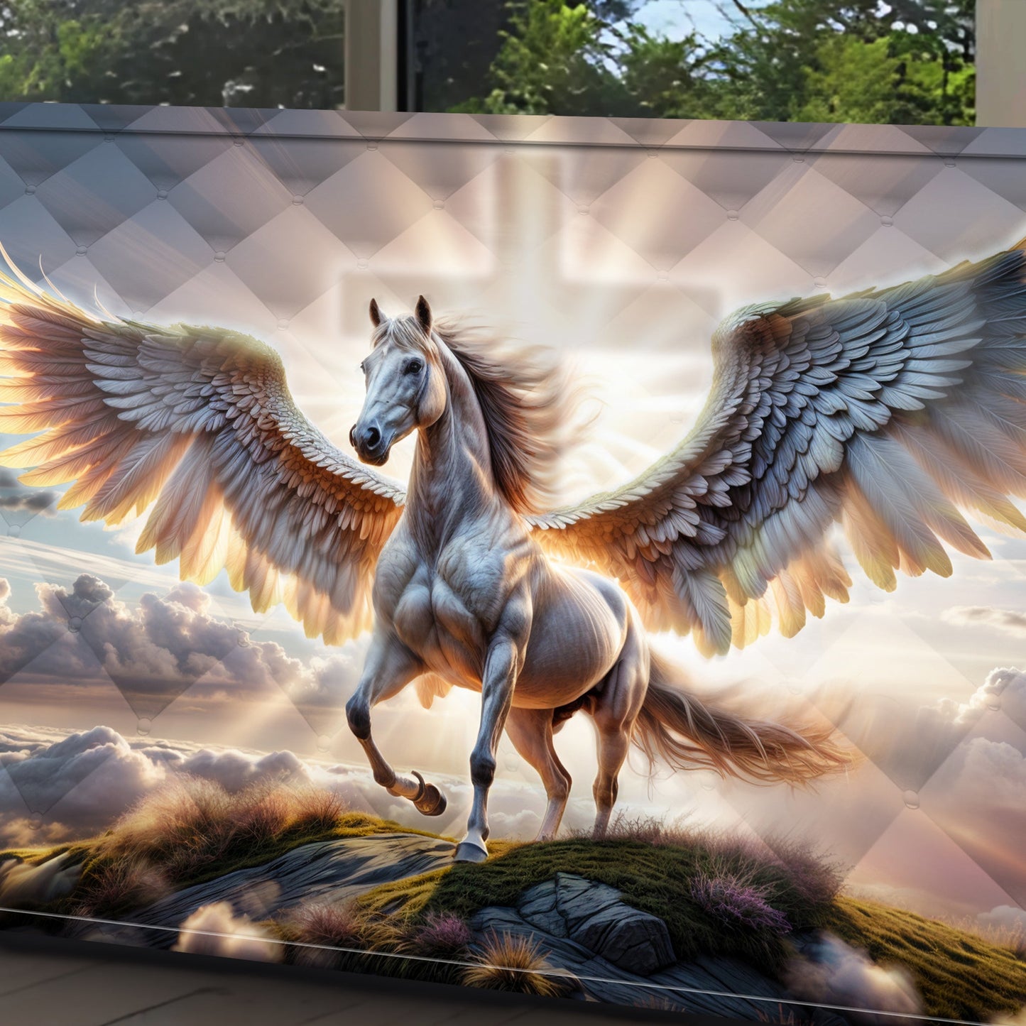 3D Horse Faith Wall Art VI canvas depicting a winged white horse soaring above clouds at sunrise on Tampa Home & Garden Store