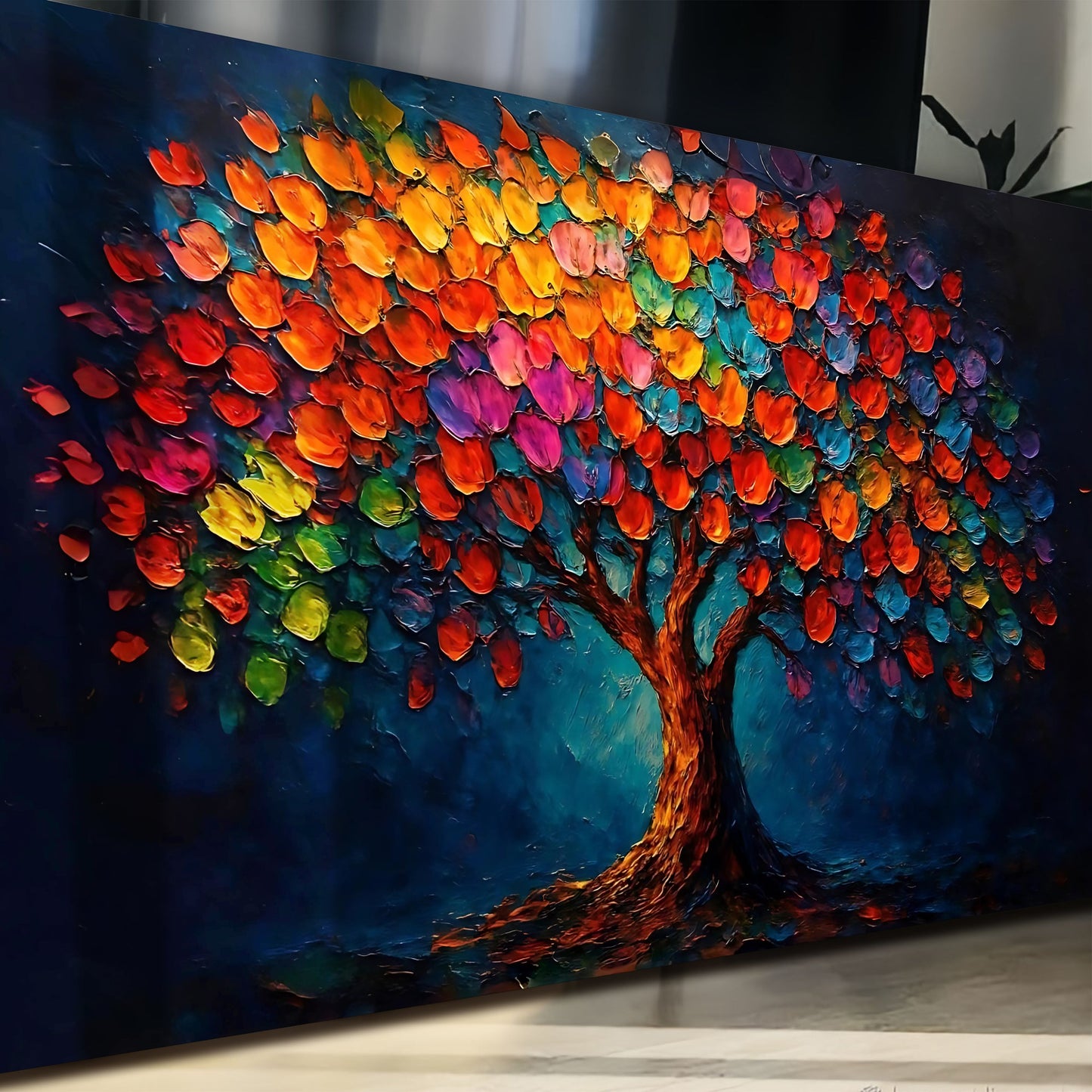 Rainbow Bloom canvas wall art by Tailored Canvases, rainbow leaflike petals on a deep blue background on Tampa Home & Garden Store