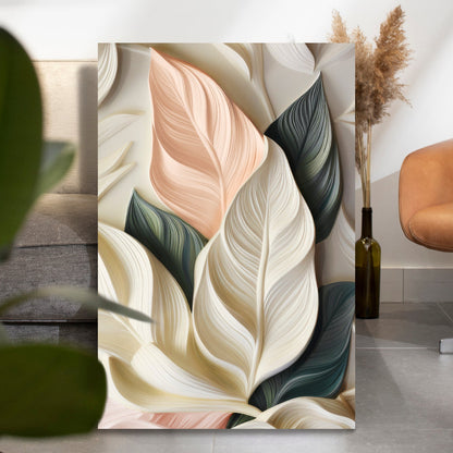 Elegant 3D pastel leaf canvas by Tailored Canvases with peach, cream, and sage leaves on Tampa Home & Garden Store