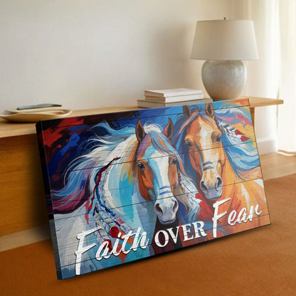 Faith Over Fear Faith Sign IV canvas by Tailored Canvases, colorful horse art in blue teal on Tampa Home & Garden Store