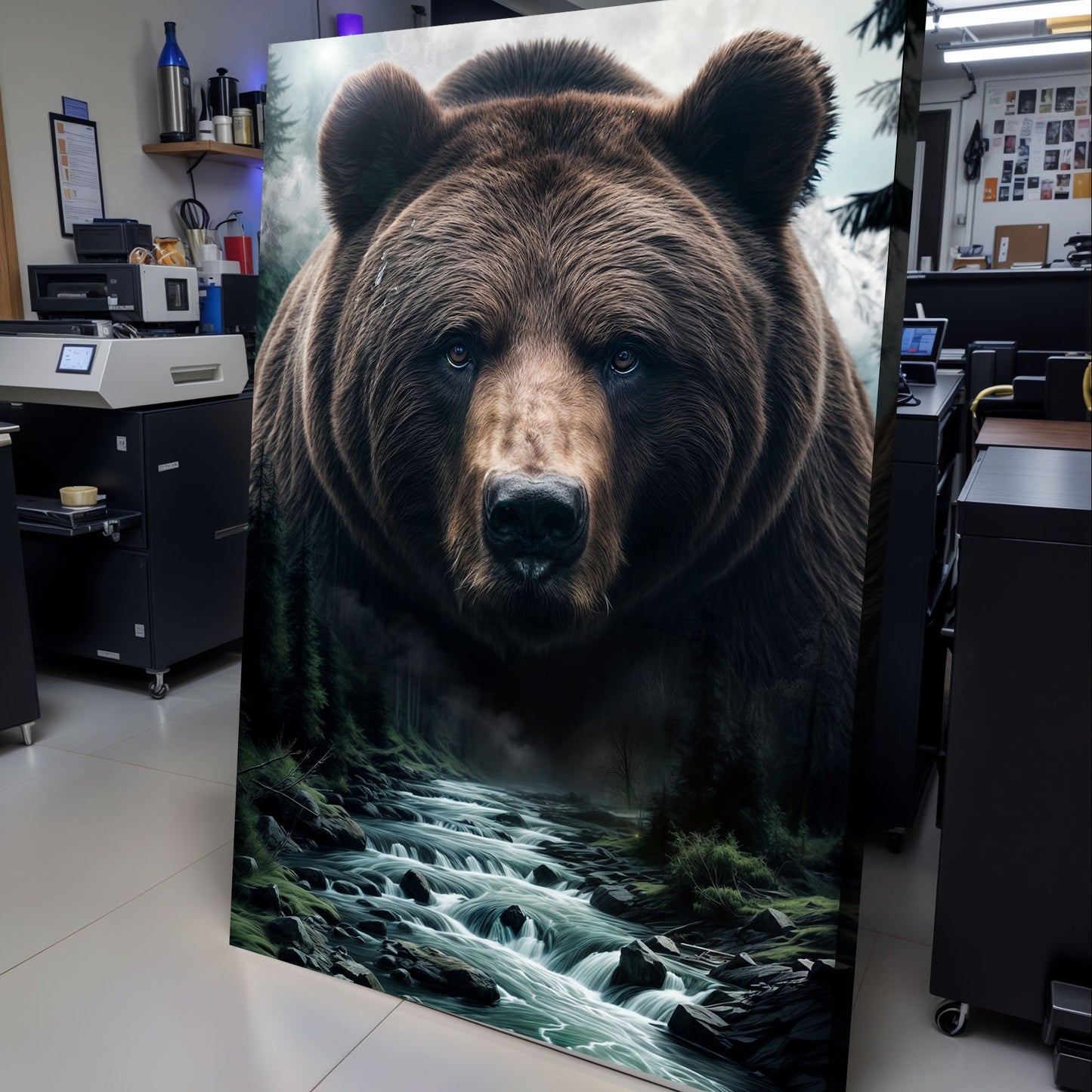 Grizzly bear double-exposure canvas art with head and forest river scene Tailored Canvases on Tampa Home & Garden Store