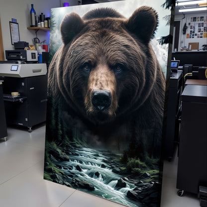 Grizzly bear double-exposure canvas art with head and forest river scene Tailored Canvases on Tampa Home & Garden Store