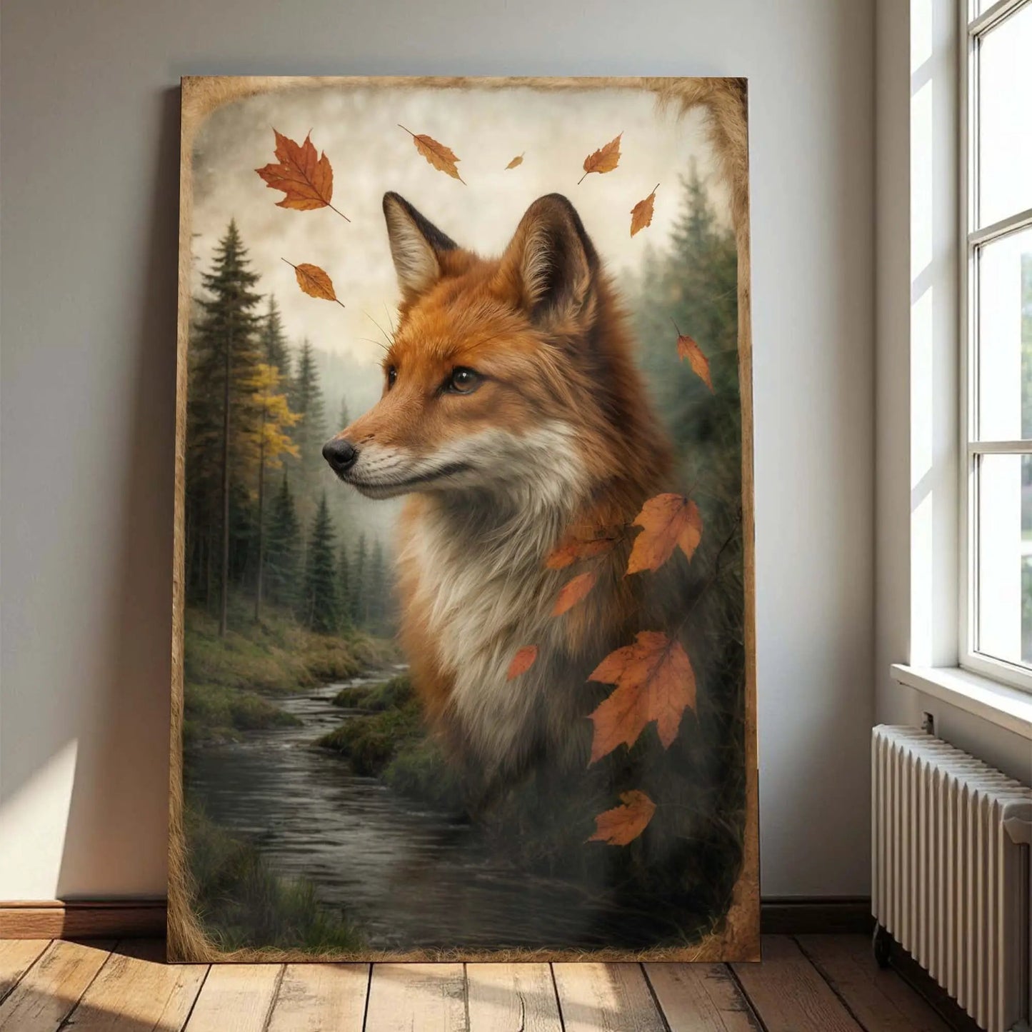 Autumn Fox Double Exposure Canvas by Tailored Canvases with forest backdrop and leaves on Tampa Home & Garden Store