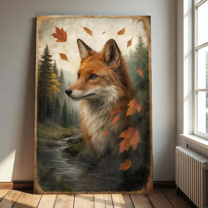 Autumn Fox Double Exposure Canvas by Tailored Canvases with forest backdrop and leaves on Tampa Home & Garden Store