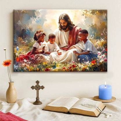 Jesus With Children Faith Wall Art V canvas by Tailored Canvases in a colorful floral meadow on Tampa Home & Garden Store