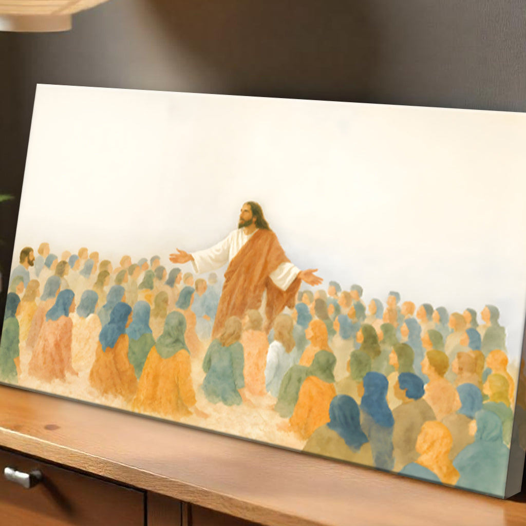 Canvas Jesus Speaking To Crowd Faith Wall Art featuring outstretched arms in pastel tones on Tampa Home & Garden Store