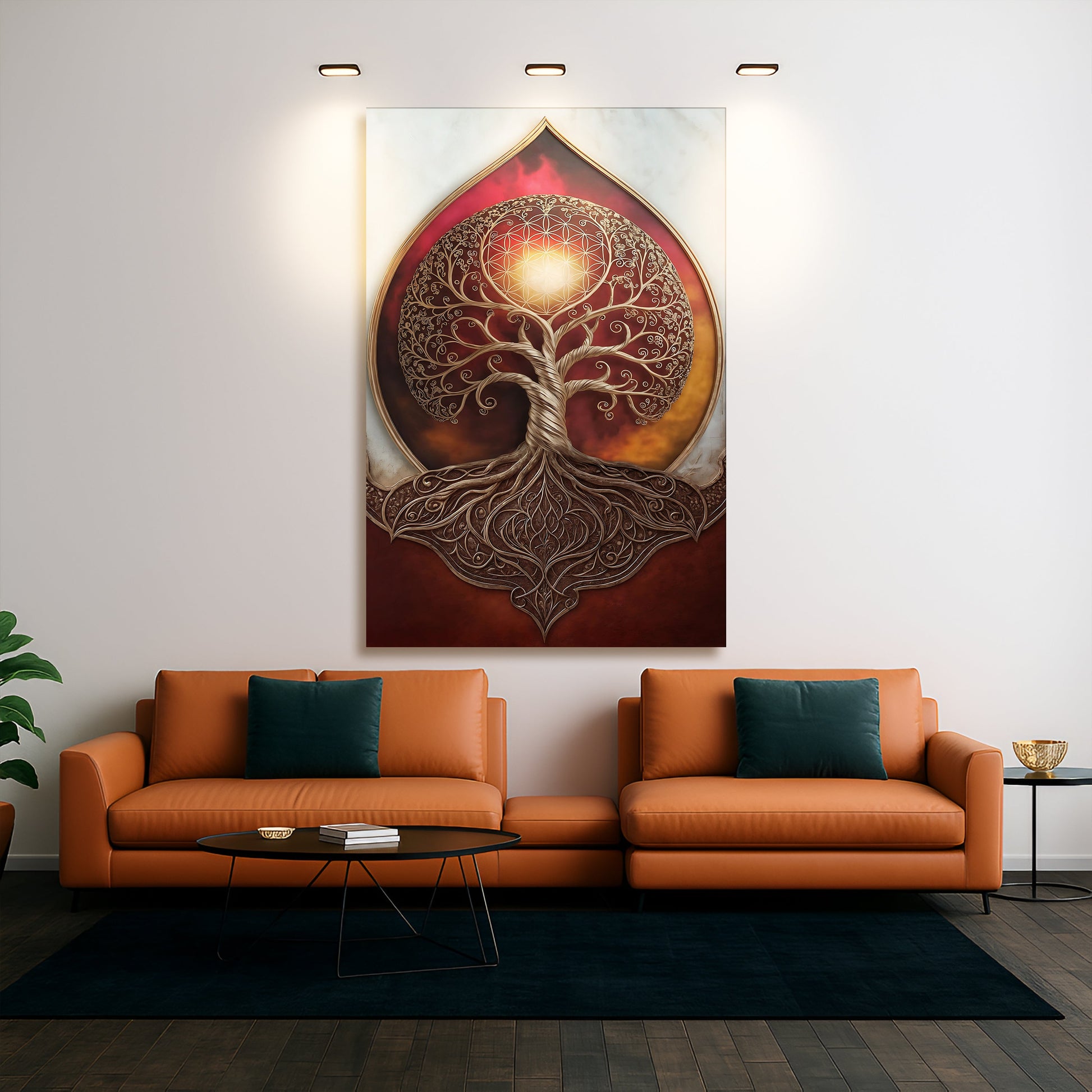 Canvas wall art featuring a gold Tree of Life with sacred geometric patterns inside a circular frame on Tampa Home & Garden Store