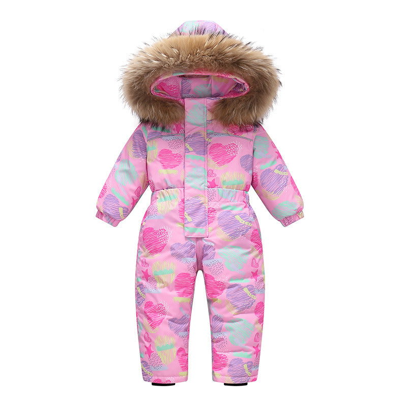 Stevvex kids' pink puffer snowsuit with faux fur hood, heart pattern, winter ski jumpsuit on Tampa Home & Garden Store