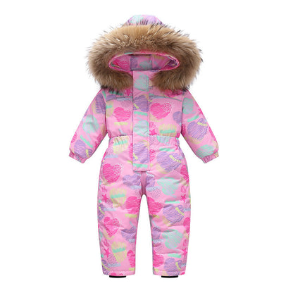 Stevvex kids' pink puffer snowsuit with faux fur hood, heart pattern, winter ski jumpsuit on Tampa Home & Garden Store