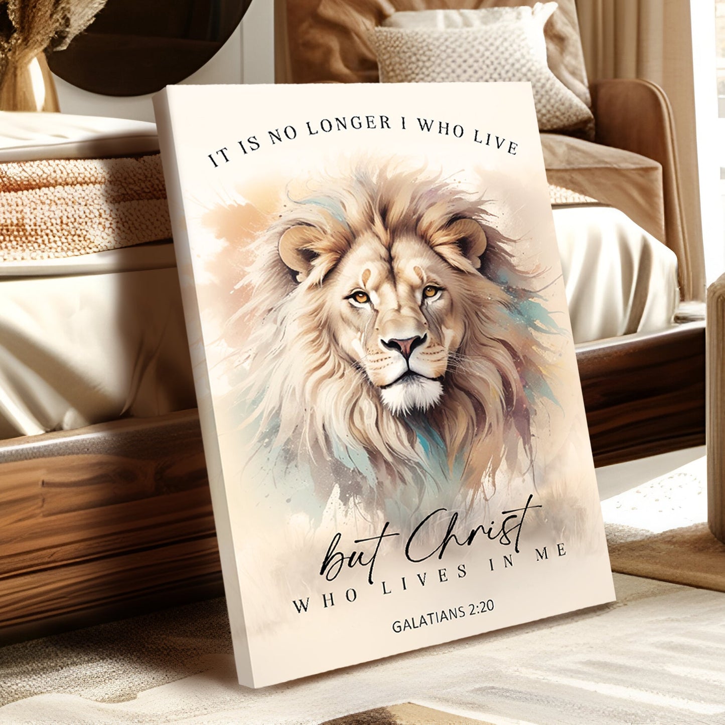 Canvas faith sign with watercolor lion artwork and Galatians 2:20 scripture by Tailored Canvases on Tampa Home & Garden Store