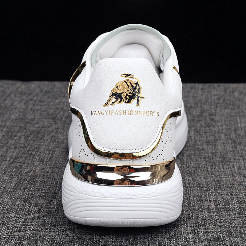 Stevvex white sneakers with gold metallic heel trim and Kangyi Fashion Sports logo, thick sole on Tampa Home & Garden Store
