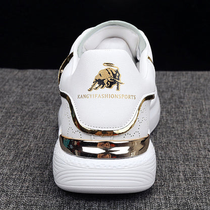 Stevvex white sneakers with gold metallic heel trim and Kangyi Fashion Sports logo, thick sole on Tampa Home & Garden Store