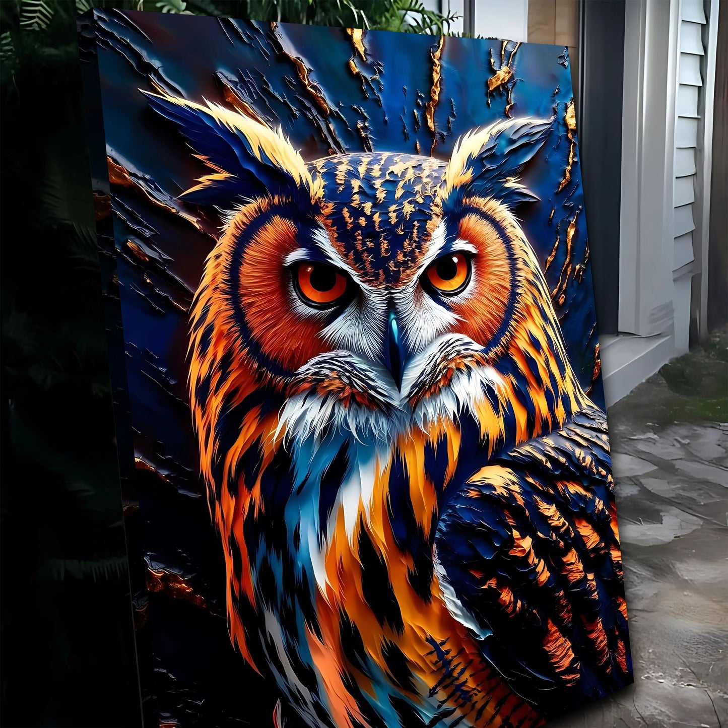 Abstract Owl Wall Art Canvas with vivid blue and orange feathers and gold accents on Tampa Home & Garden Store