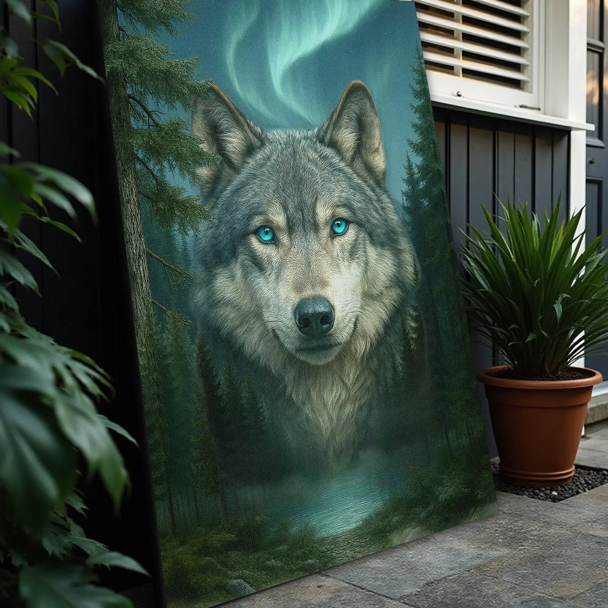 Wolf Northern Symphony canvas wall art features blue-eyed wolf among pines on Tampa Home & Garden Store