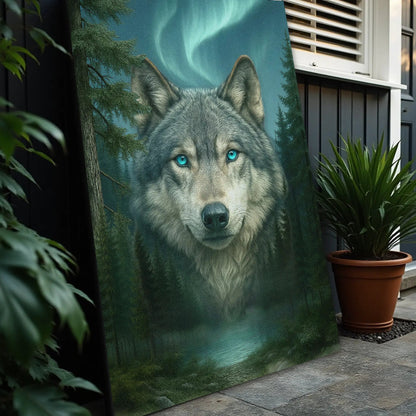 Wolf Northern Symphony canvas wall art features blue-eyed wolf among pines on Tampa Home & Garden Store